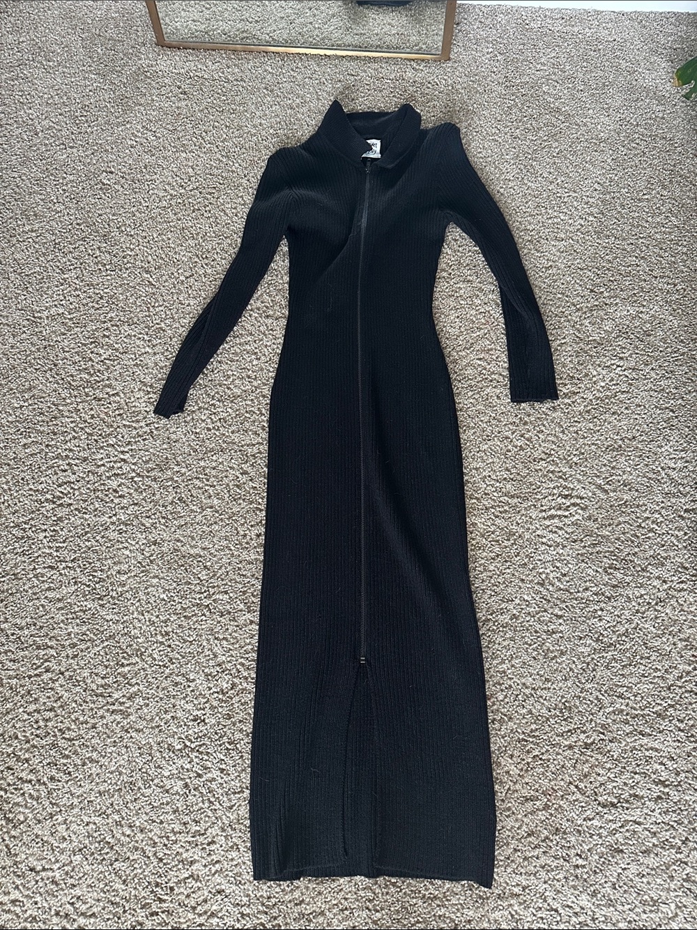 Margaret O'Leary Long Black Ribbed Zip-Front Maxi Dress